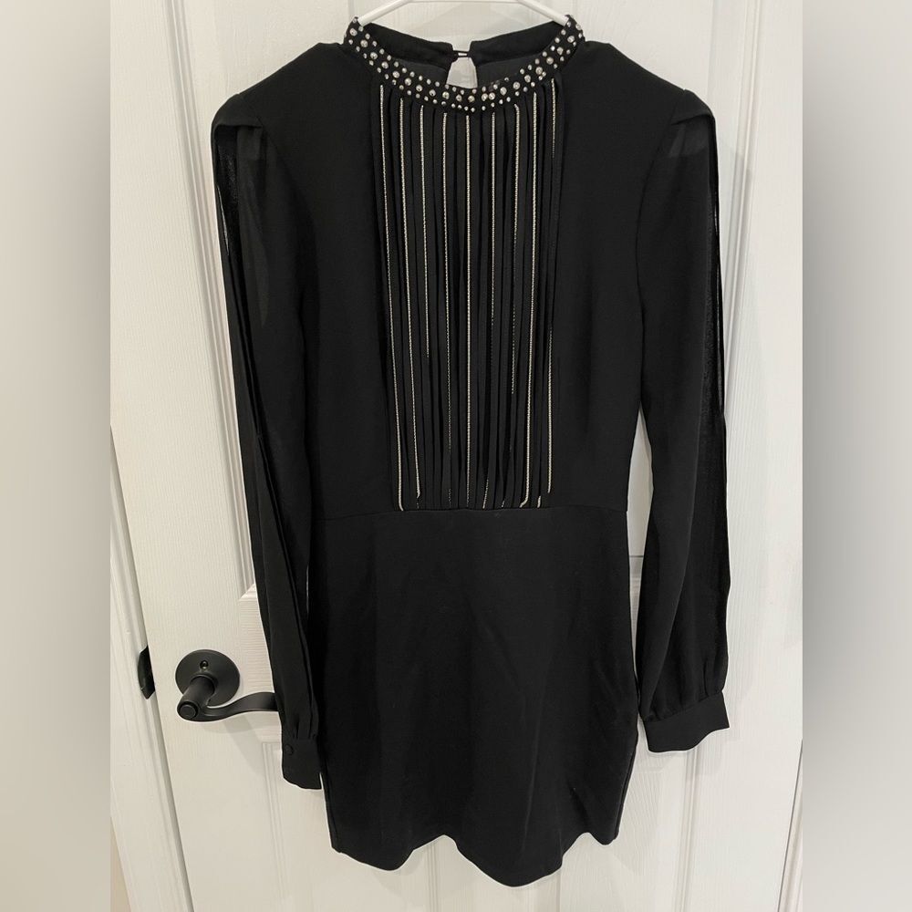 Black Rhinestone Beaded Fringe Front Split Sleeve Mini Dress Women’s Size S